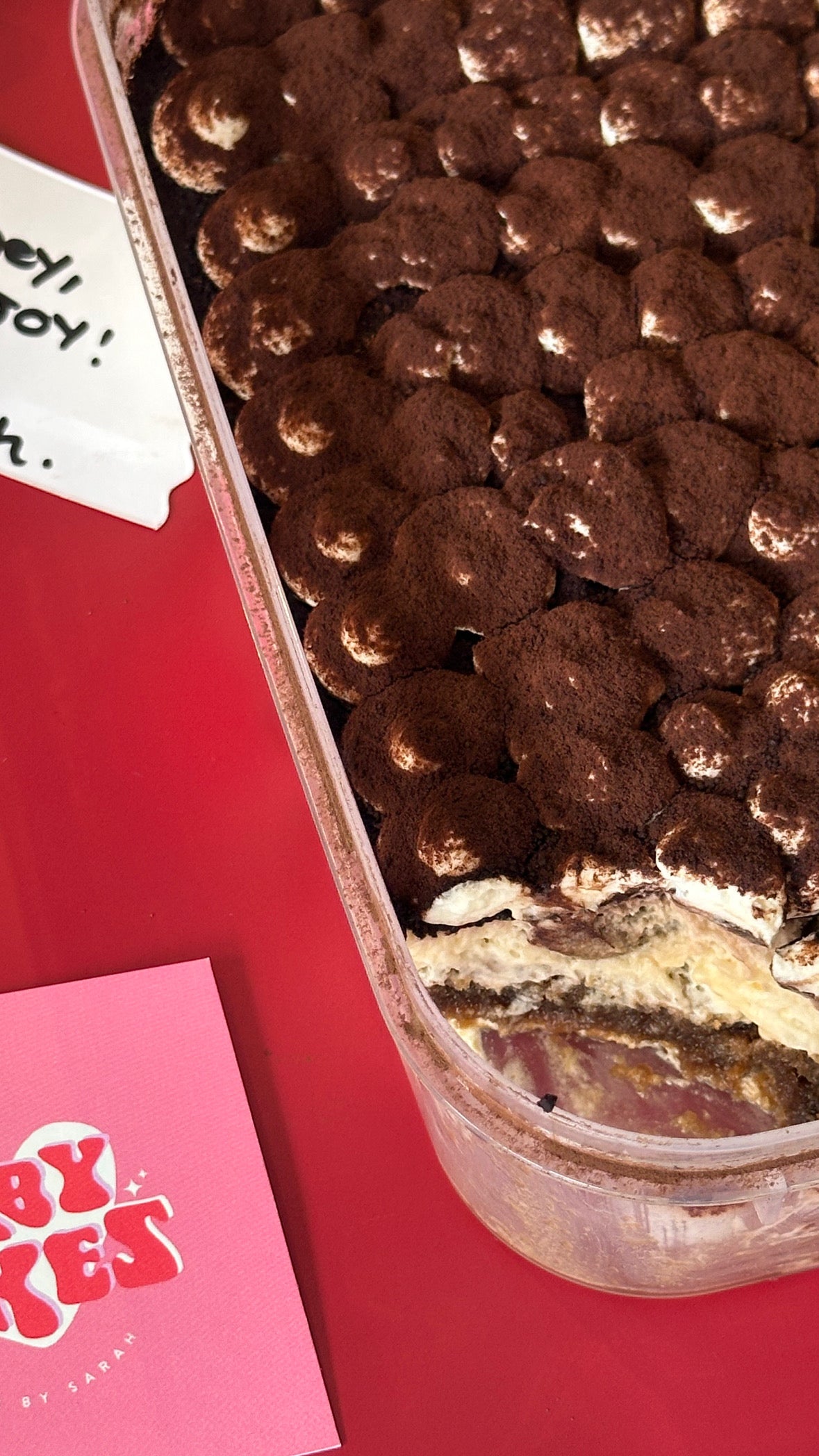 Valentine’s Personalised Tiramisu 💋. Rich, creamy, indulgent and finished with hand-sifted cocoa initials. 
She’s a generous 1 litre- so 4 generous serves (OR keep it all for yourself✨).